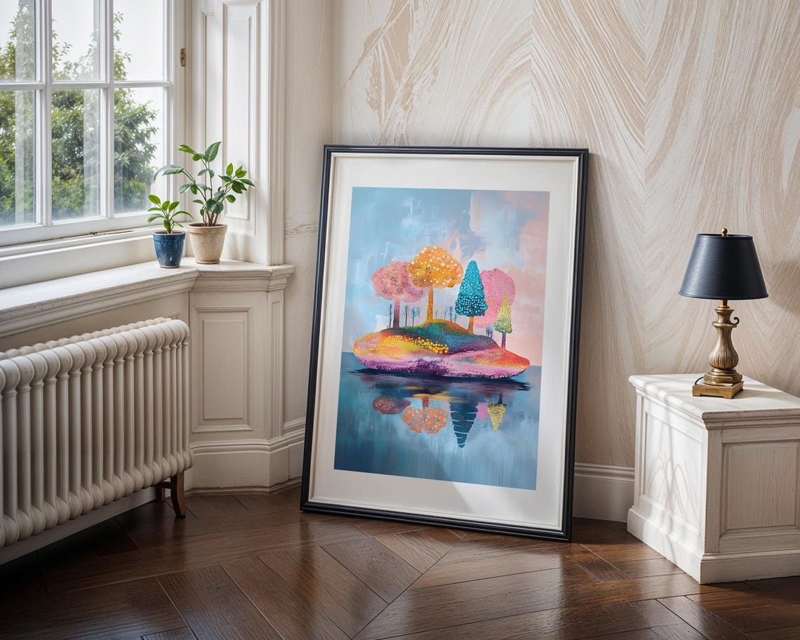 Whimsical Colorful Island Trees Reflecting in Water Art Poster - Image 3