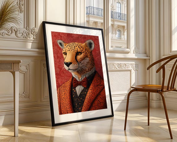 Cheetah In Suit Wall Art Print Anthropomorphic Animal Portrait Illustration Vintage Red Background Regal Whimsical Modern Home Room Decor