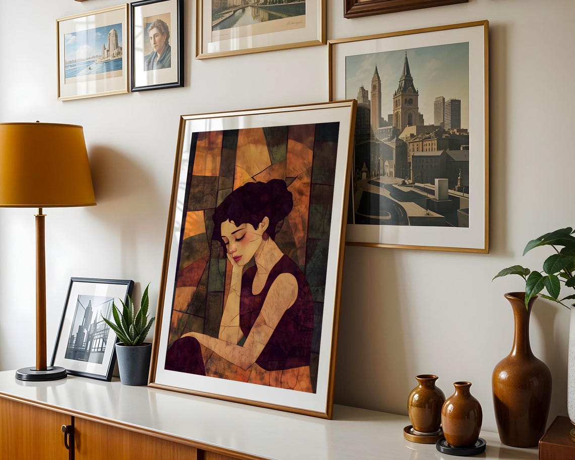 Contemplative Woman Cubist Mosaic Warm Earth Tones Art Poster - Image 3