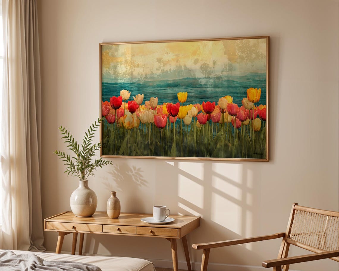 Colorful Tulips Teal Water Impressionist Spring Bloom Landscape Poster - Image 4