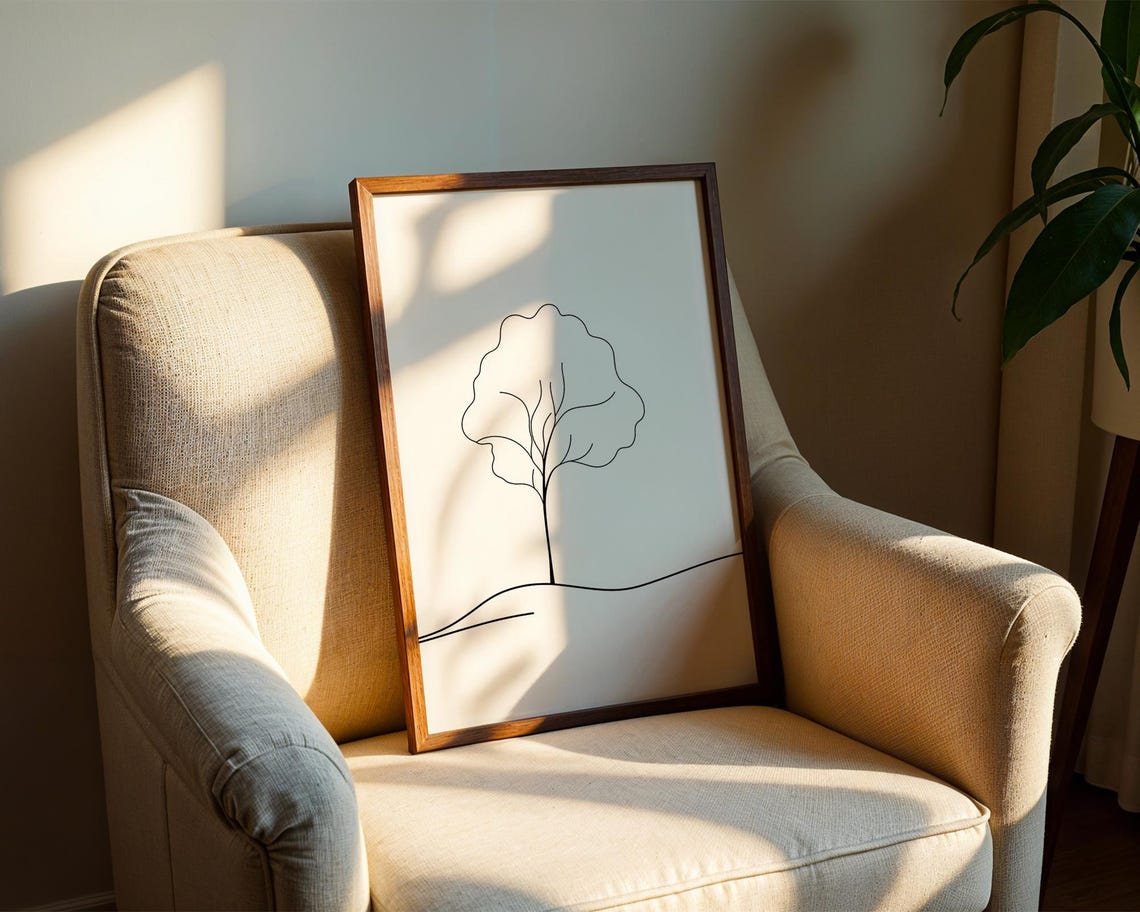 Single Tree Minimalist Line Art Rolling Hillside Landscape Poster - Image 2