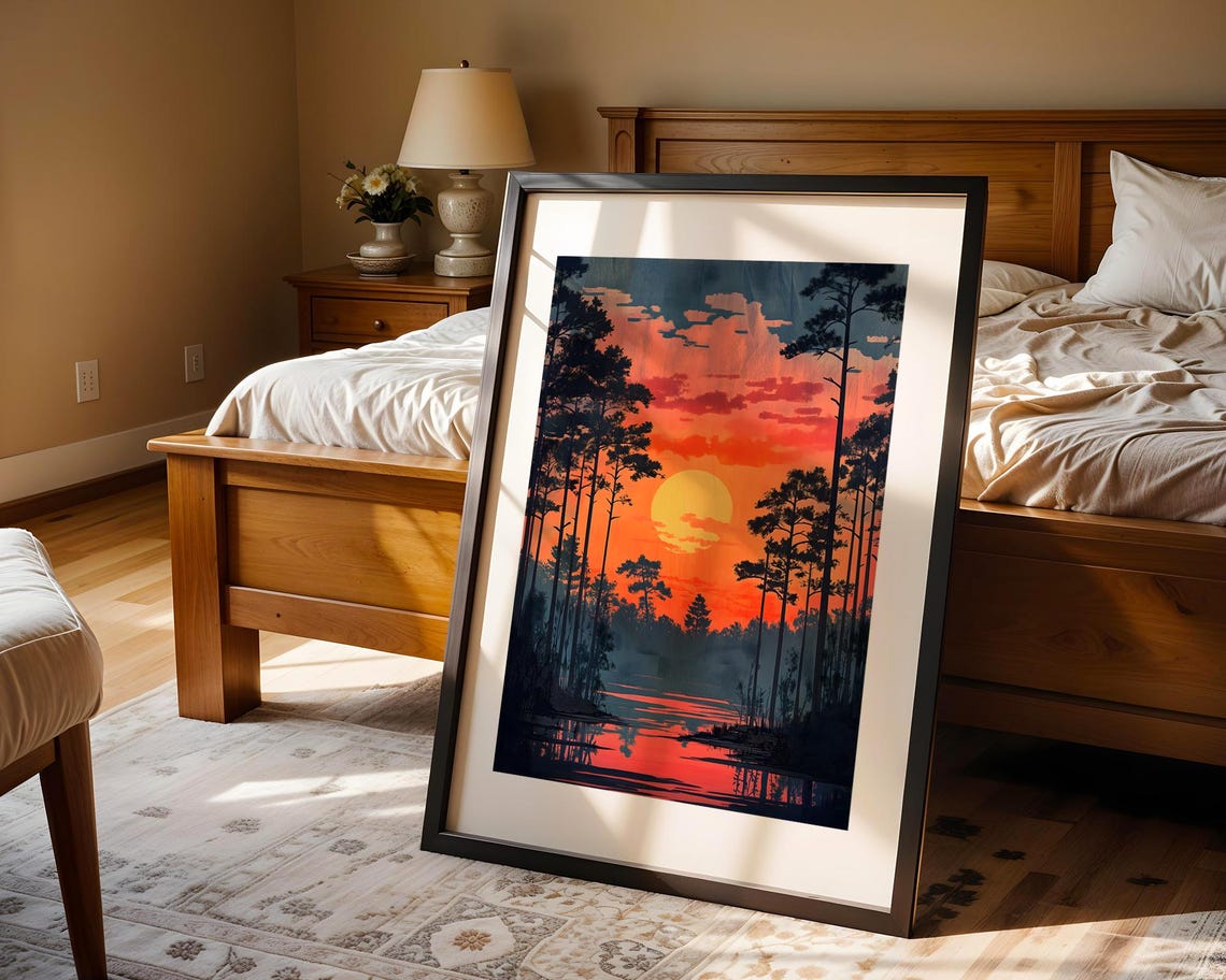 Fiery Sunset Pine Silhouettes Wetland Reflection Forest Poster - Image 4