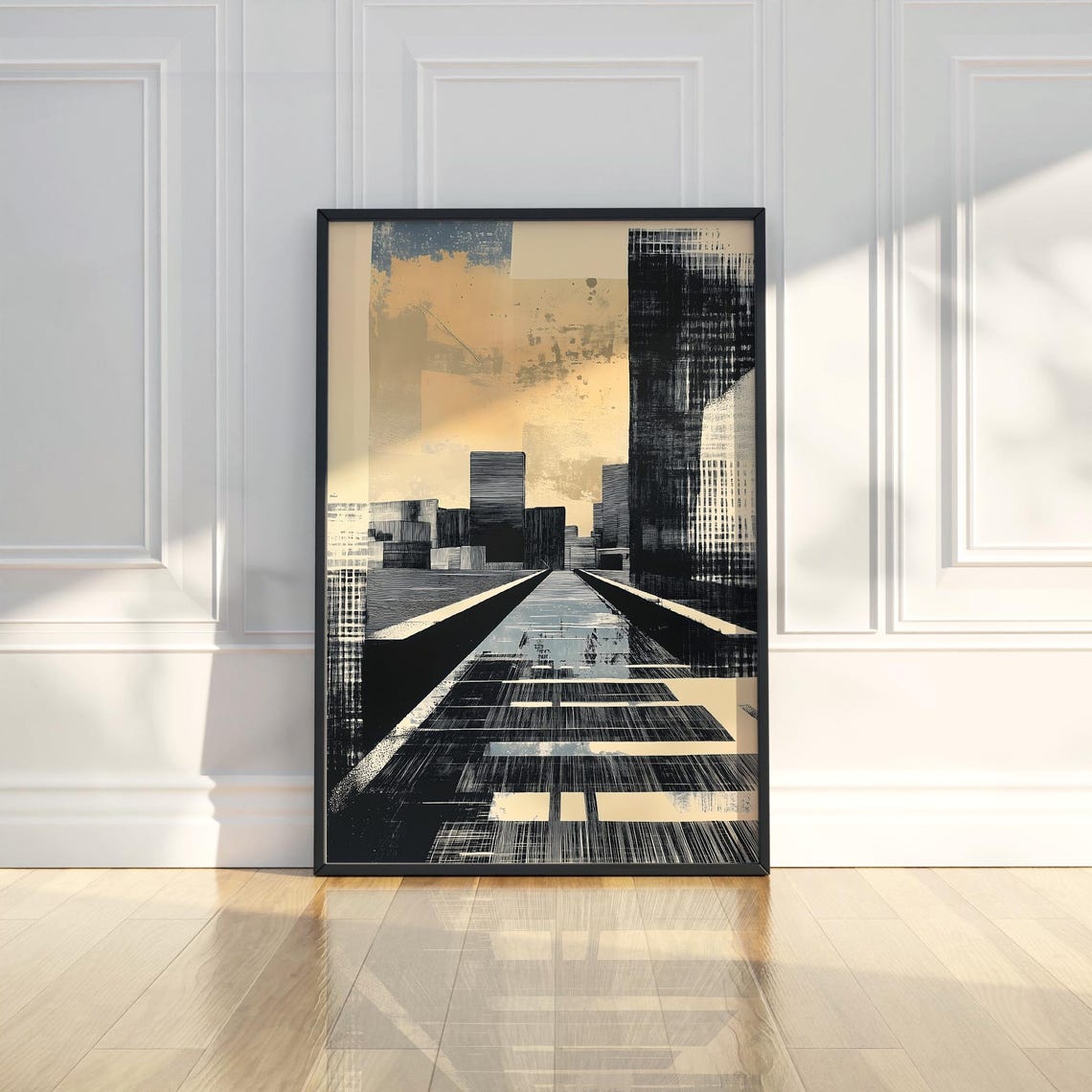 Abstract Brutalist City Skyline Ink Drawing Gold Background Poster
