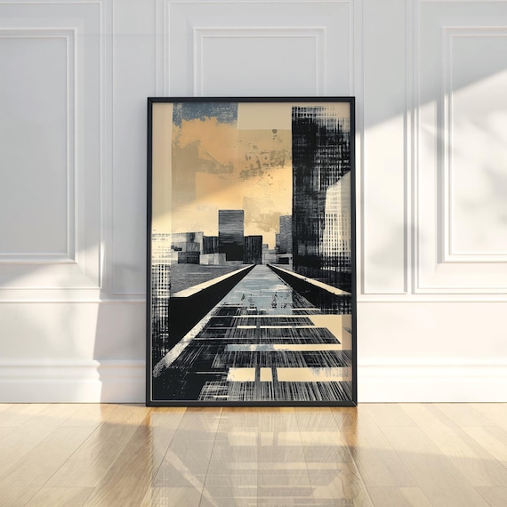 Abstract Brutalist City Skyline Ink Drawing Gold Background Poster