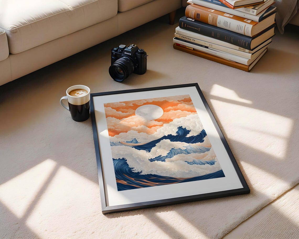 Moonlit Ocean Waves Blue And Orange Dramatic Surreal Seascape Poster - Image 5