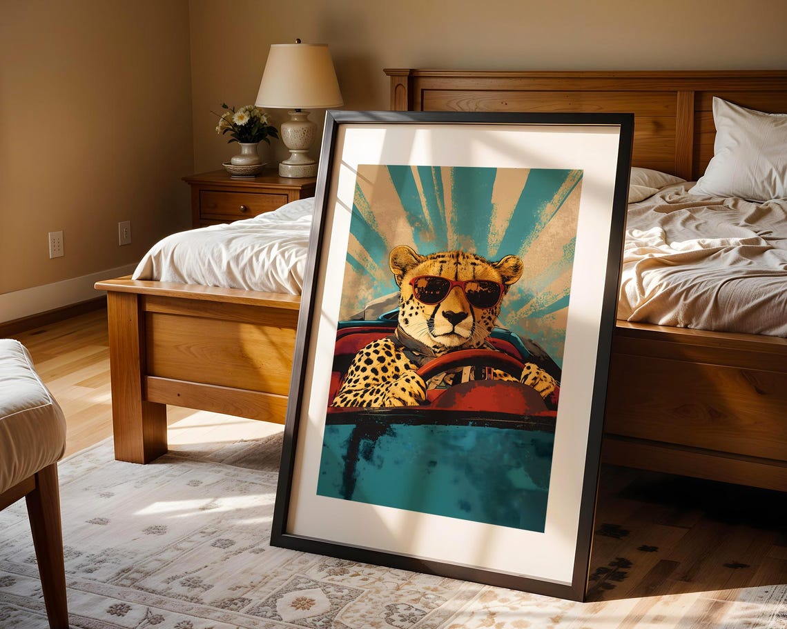 Cheetah Driving Vintage Convertible Car Retro Pop Art Illustration Trendy Wall Modern Prints Room Decor Print - Image 3