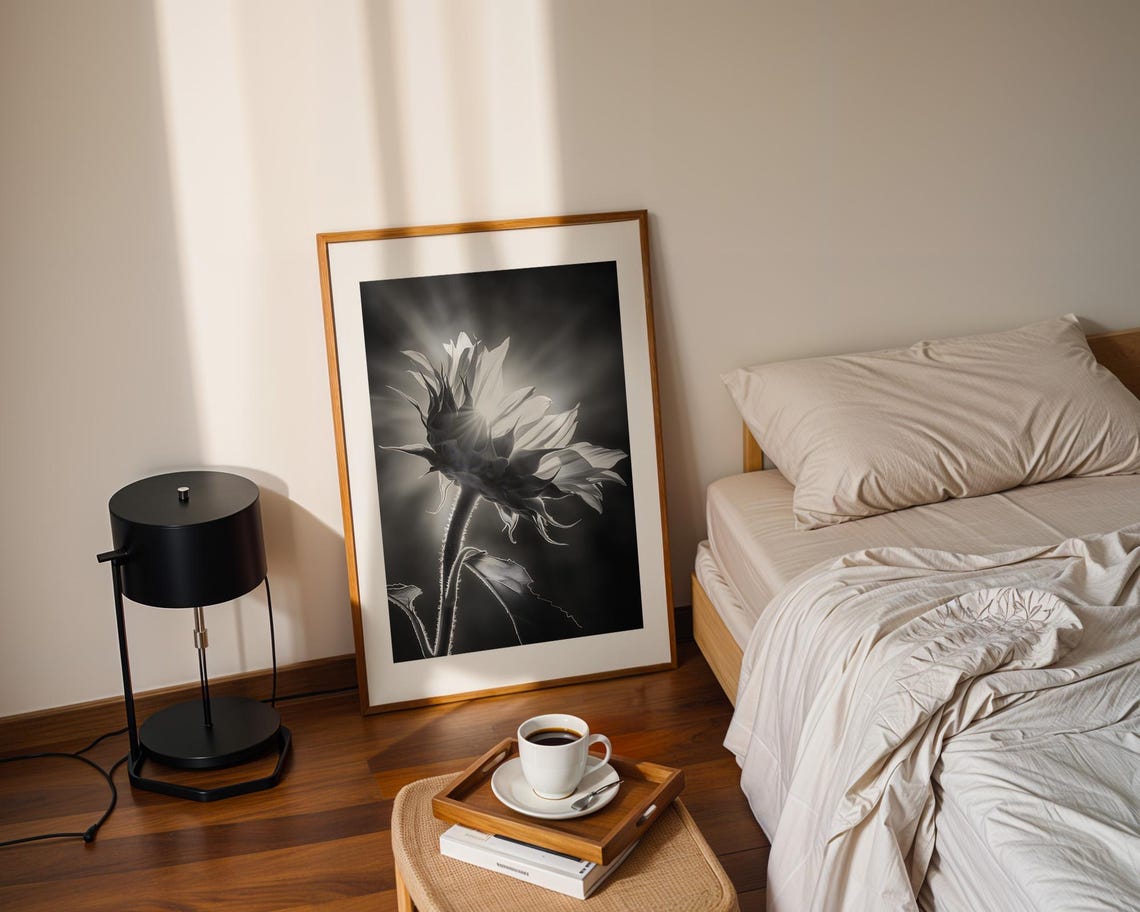 Backlit Sunflower in Black and White Dramatic Flower Photo Poster - Image 2