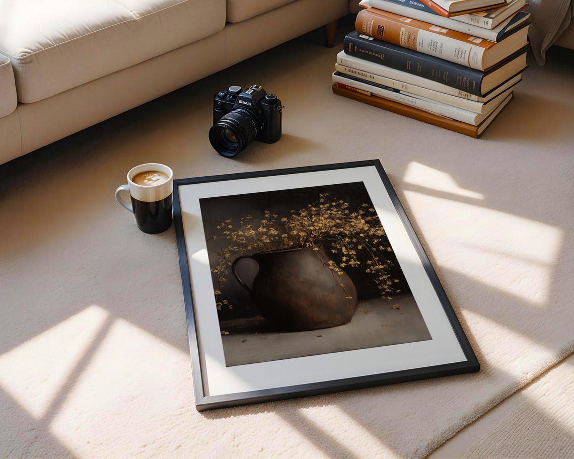Dark Rustic Vase with Golden Dried Wildflowers Moody Oil Poster - Image 5