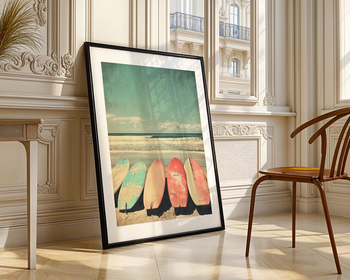 Vintage Surfboards On Beach Retro Coastal Surfing Art Poster - Image 3