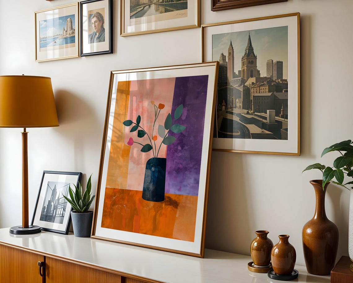 Abstract Blue Vase Floral Still Life Colorful Modern Art Print - Image 4