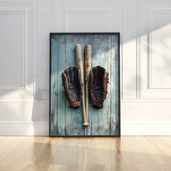 Rustic Baseball Wall Art Print Bats Gloves Vintage Sports Photography Home Decor Man Game Room Kids Bedroom Gift For Him