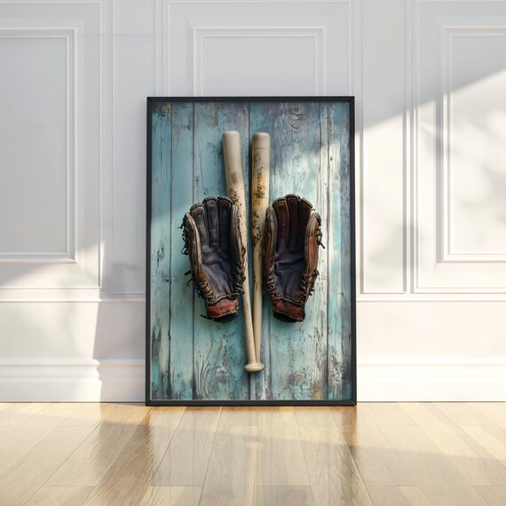 Vintage Baseball Gloves And Bats Rustic Teal Wood Art Poster