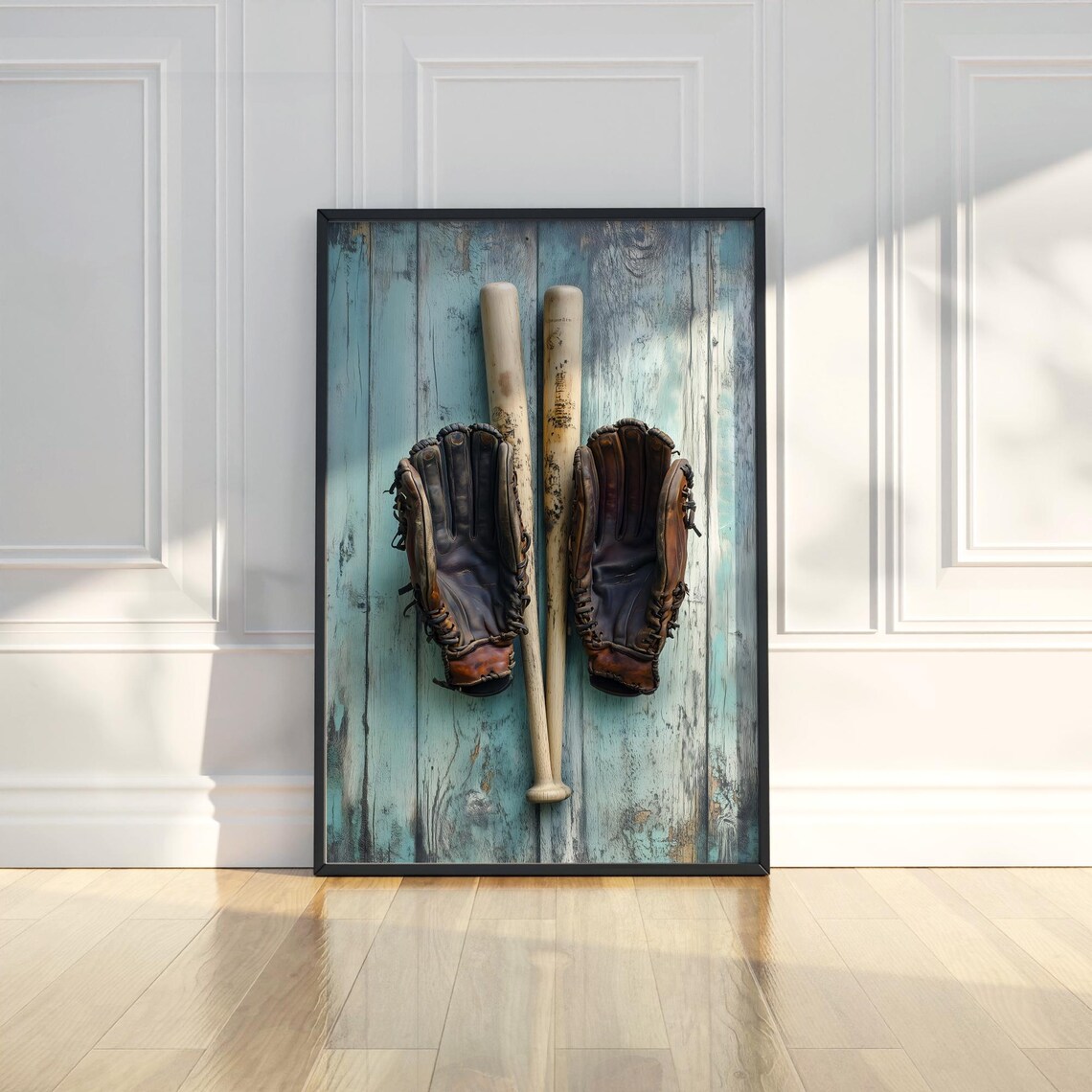 Vintage Baseball Gloves And Bats Rustic Teal Wood Art Poster
