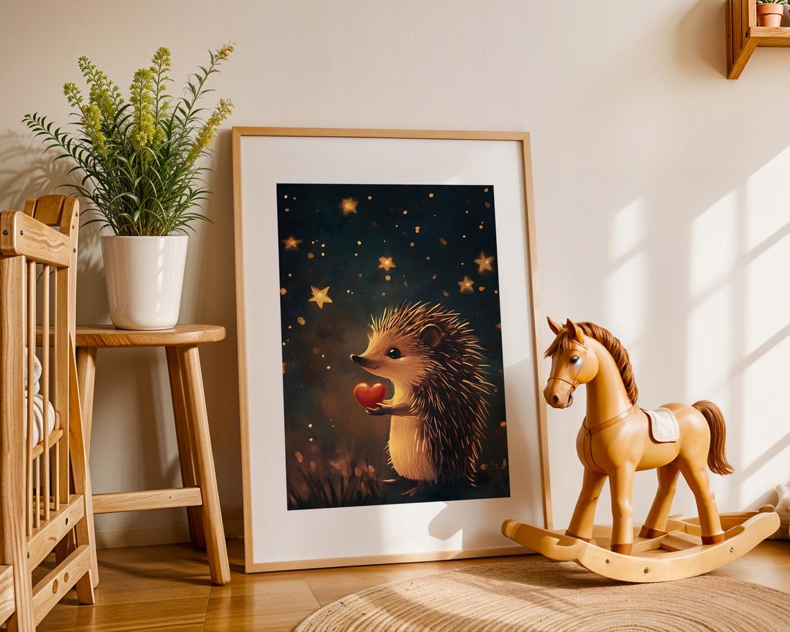 Cute Hedgehog Holding Red Heart Under Starry Night Sky Poster