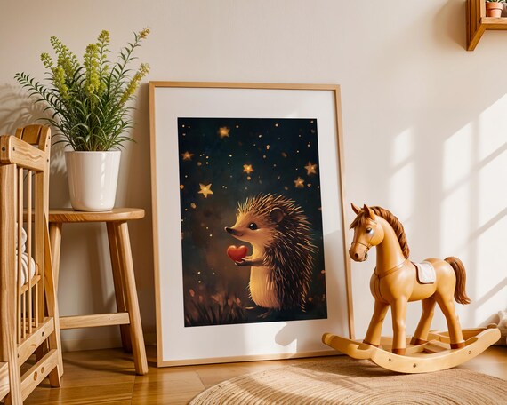 Cute Hedgehog Holding Red Heart Under Starry Night Sky Poster