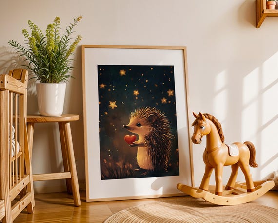 Hedgehog With Heart Wall Art Whimsical Night Scene Nursery Print Cute Animal Holding Starry Sky Kids Room Decor
