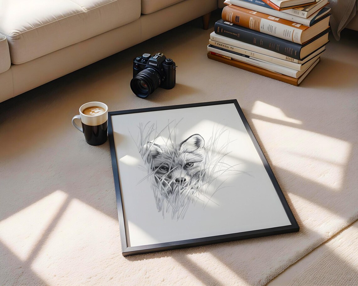 Fox Face Tall Grass Monochrome Pencil Sketch Wildlife Peeking Art Poster - Image 5