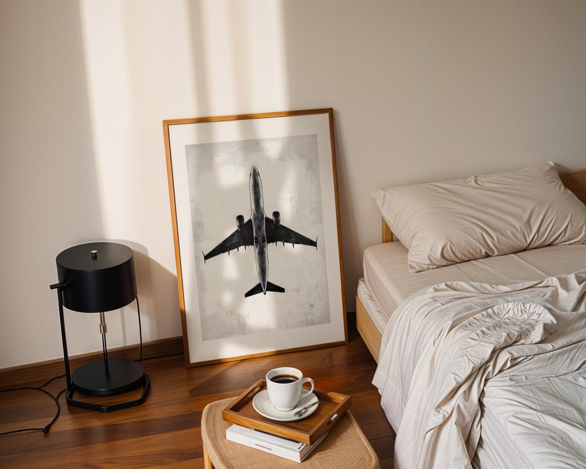 Airplane Top View Black White Sketch Aviation Wall Decor Art Poster - Image 3