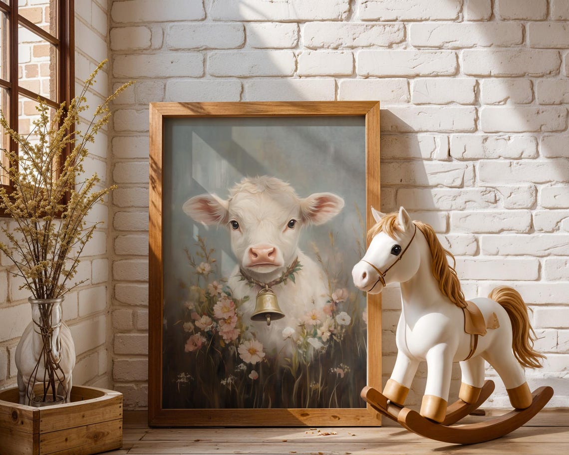 Floral Cute Baby Highland Cow Wall Art Print Farmhouse Nursery Animal Illustration Calf Bell Wildflowers Room Kids Playroom Decor Gift - Image 5