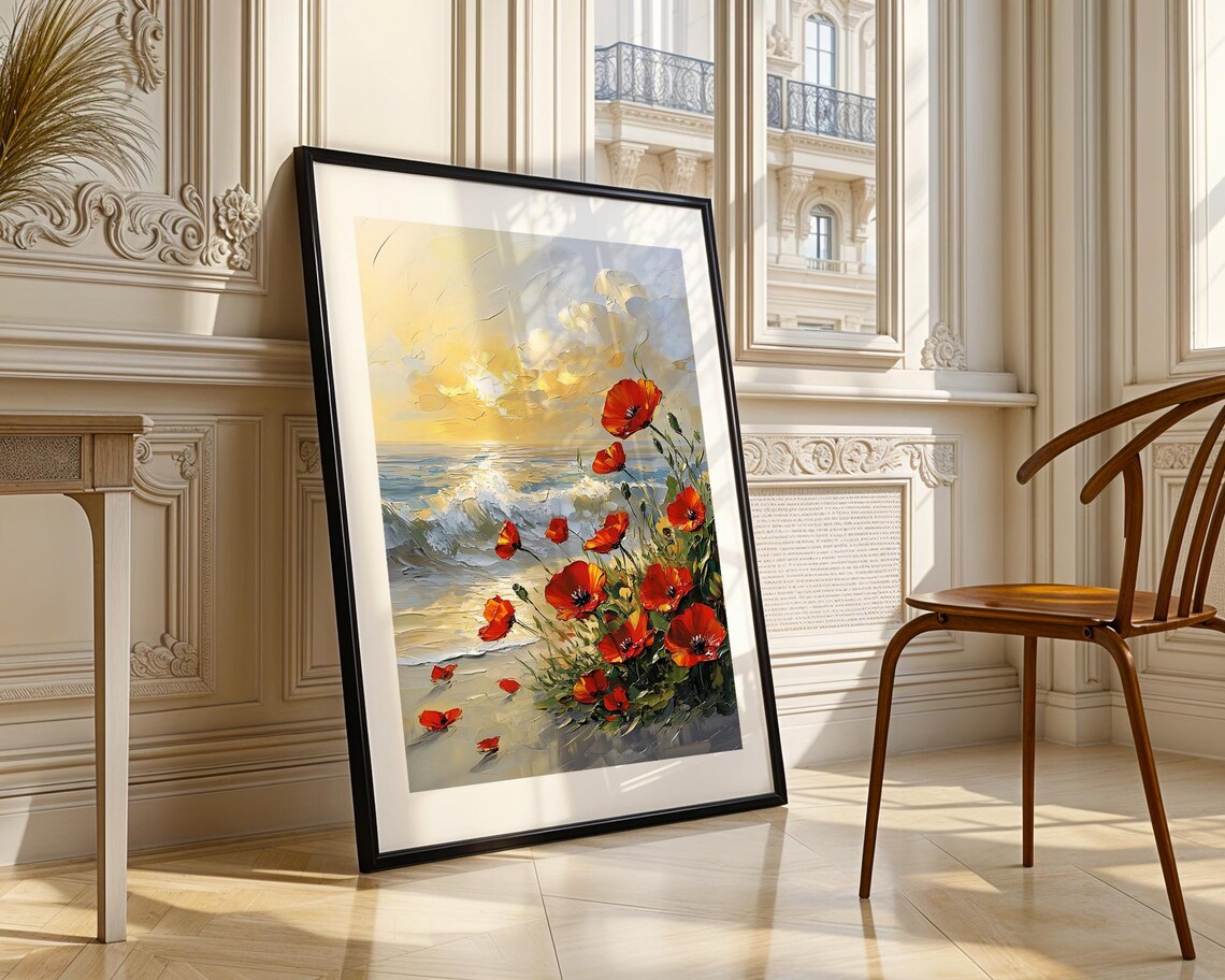 Red Poppies at Sunset Coastal Oil Painting Floral Seascape Poster - Image 3