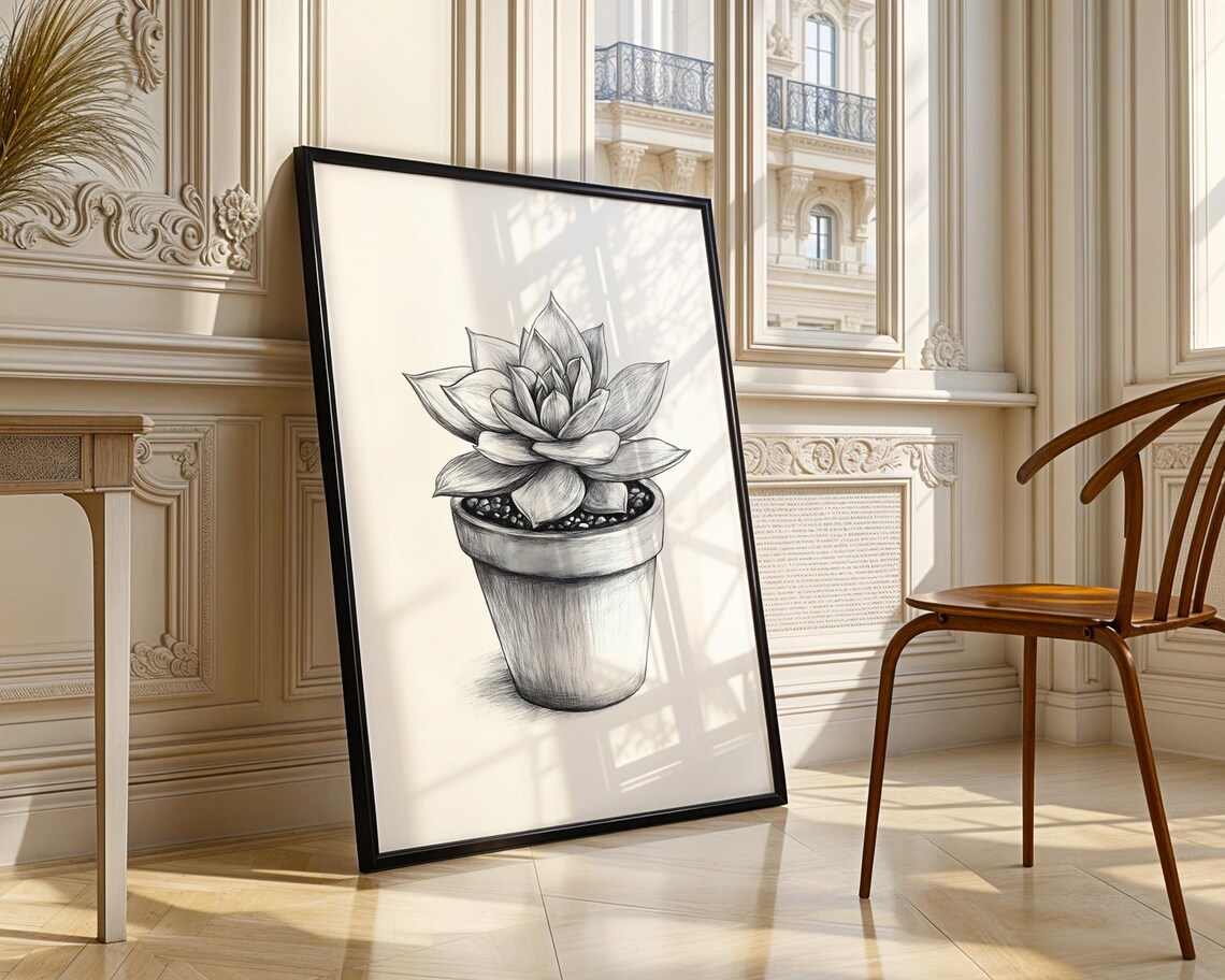 Potted Succulent Plant Pencil Drawing Botanical Sketch Poster - Image 3