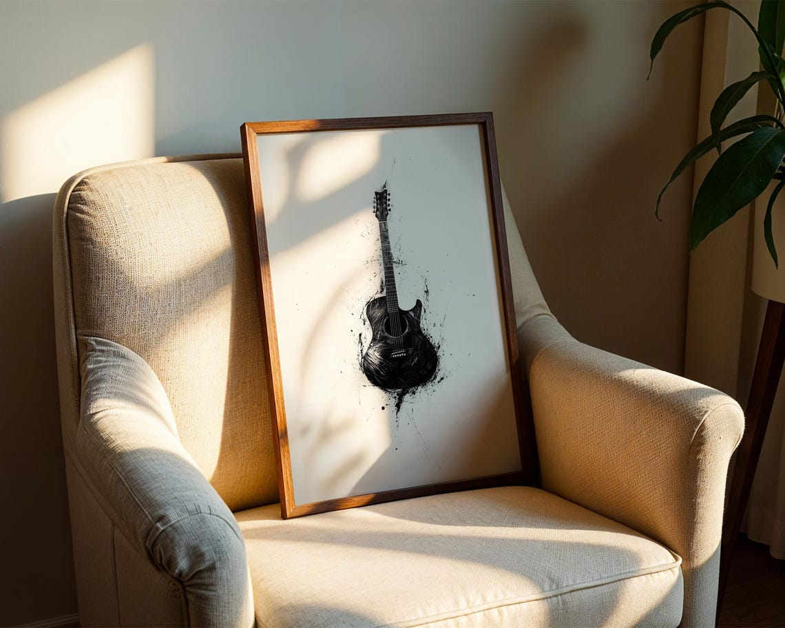 Black Acoustic Guitar Ink Splatter Abstract Rock Music Art Poster - Image 2