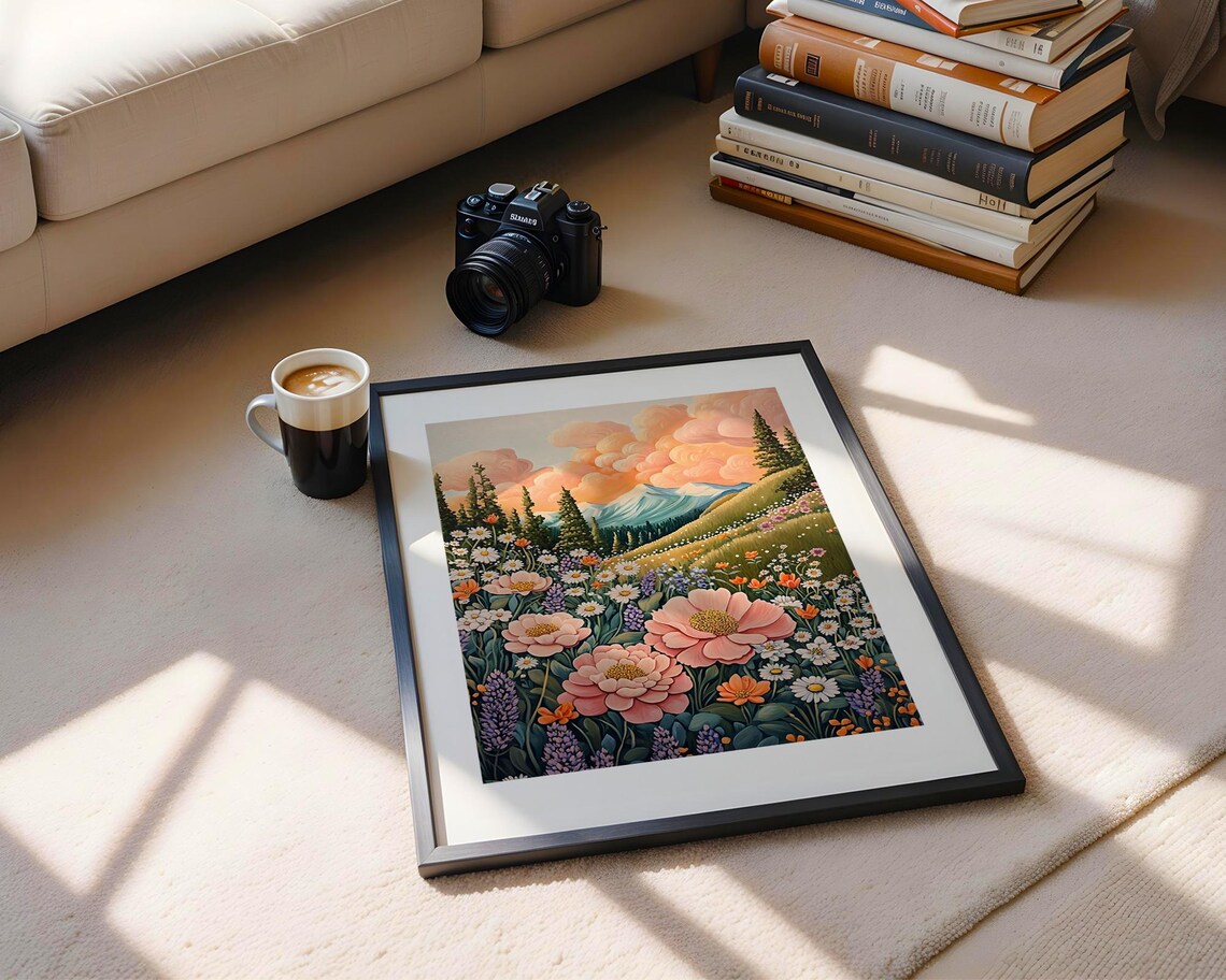Colorful Alpine Wildflower Meadow Painting Poster with Sunset Clouds - Image 5