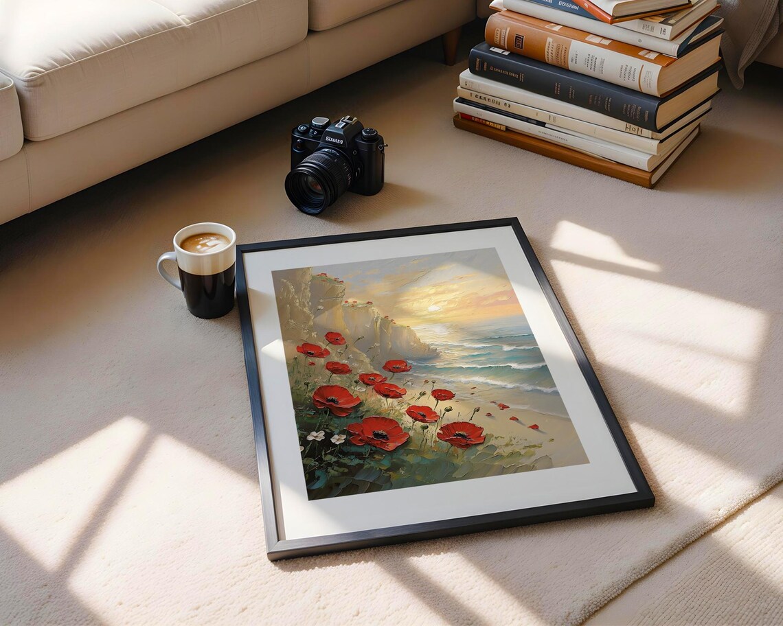 Red Poppies Coastal Cliffs Sunset Sea View Textured Oil Painting Poster - Image 5