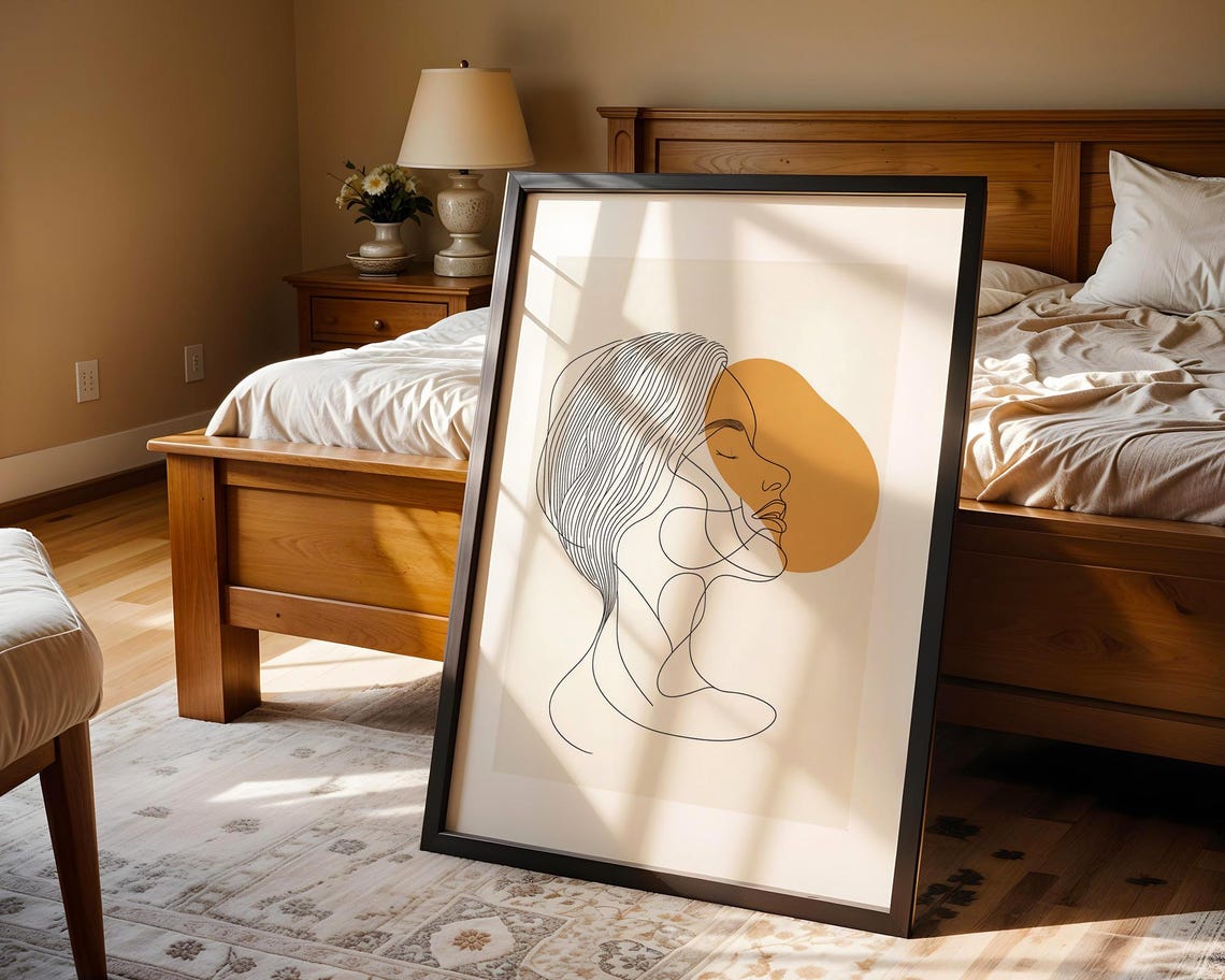 Woman Face Line Art Mustard Sun Abstract Minimalist Modern Poster - Image 4
