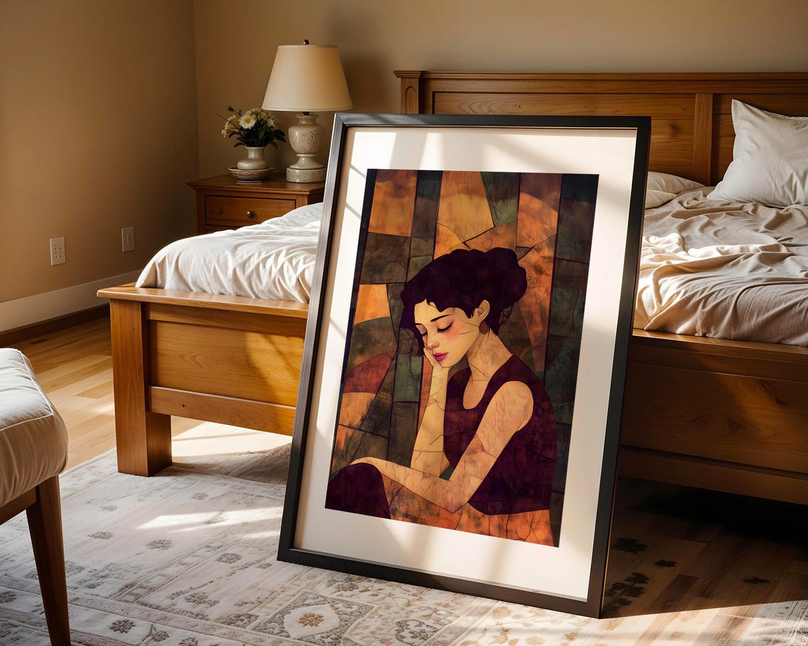 Contemplative Woman Cubist Mosaic Warm Earth Tones Art Poster - Image 5