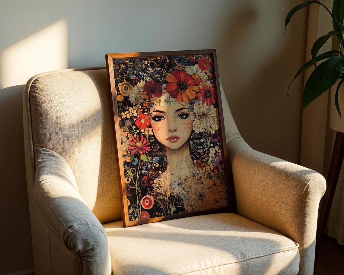 Woman Portrait Blooming Flowers Decorative Art Nouveau Style Poster - Image 2