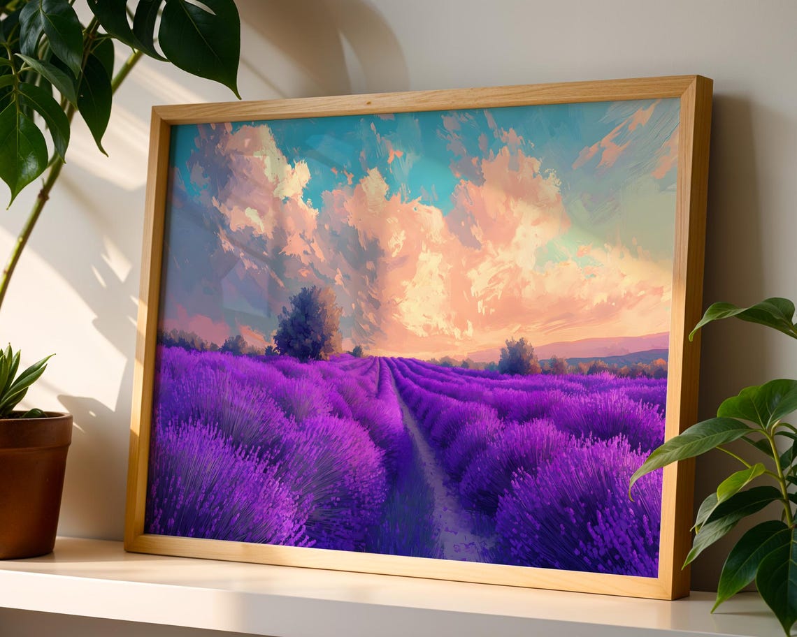 Purple Lavender Field Rows Sunset Sky Pastel Landscape Poster - Image 3