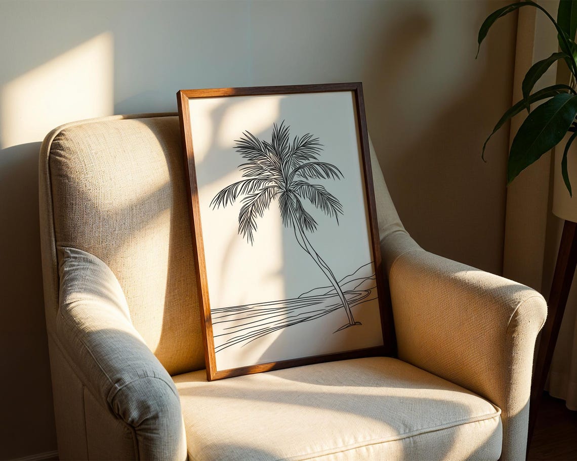 Minimalist Palm Tree Beach Ocean Sunset Line Drawing Wall Art - Image 2