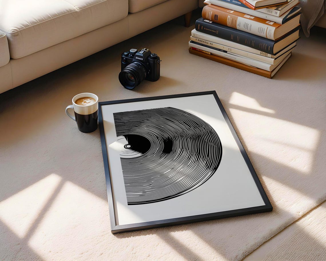 Vinyl Record Close Up Modern Black And White Line Art Music Poster - Image 6