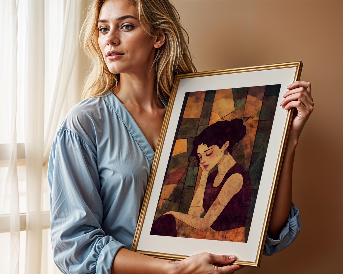 Contemplative Woman Cubist Mosaic Warm Earth Tones Art Poster - Image 2