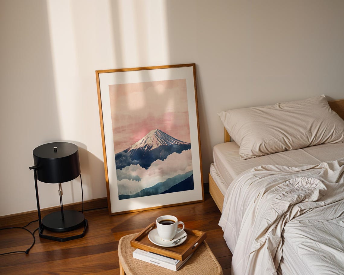 Mount Fuji Above Soft Pink Clouds Japanese Watercolor Art Poster - Image 2
