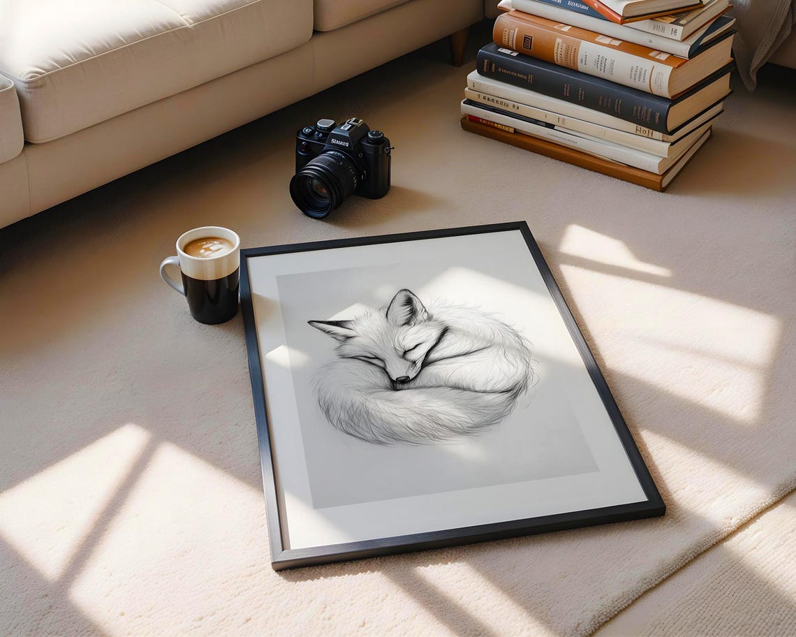 Sleeping Fox Pencil Sketch Wall Art Monochrome Wildlife Poster Nursery Living Room Office Decor And Study - Image 5