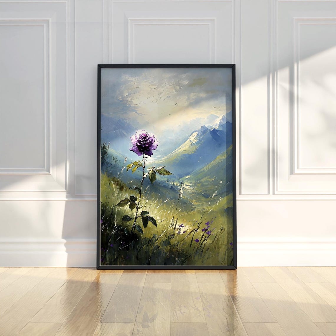 Purple Rose Bloom Green Valley Mountain Landscape Oil Painting Poster