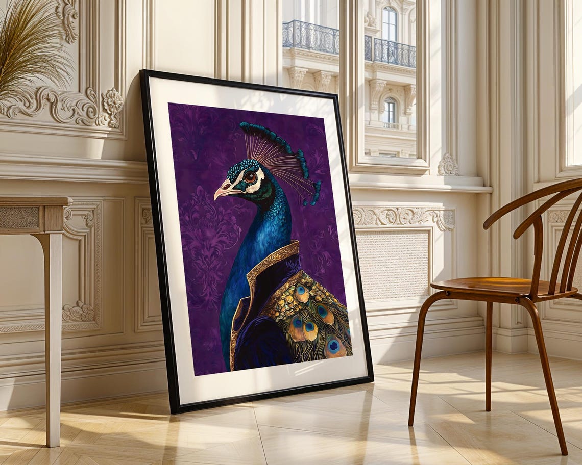 Peacock Portrait Purple Damask Elegant Royal Bird Luxury Art Poster
