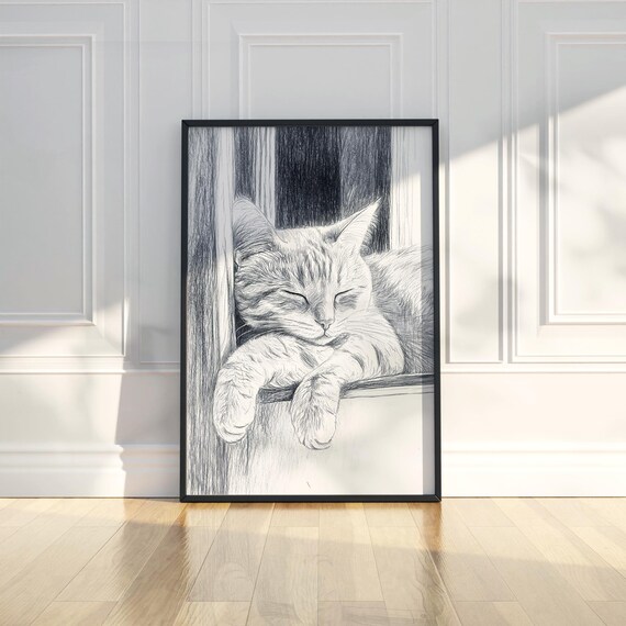 Sleeping Tabby Cat Pencil Sketch Window Sleeping Kitten Art Poster