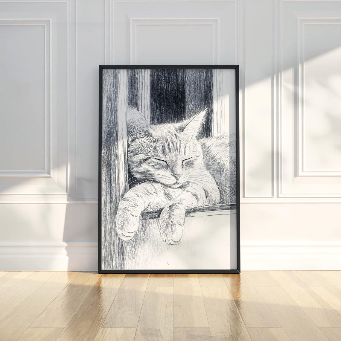 Sleeping Tabby Cat Pencil Sketch Window Sleeping Kitten Art Poster