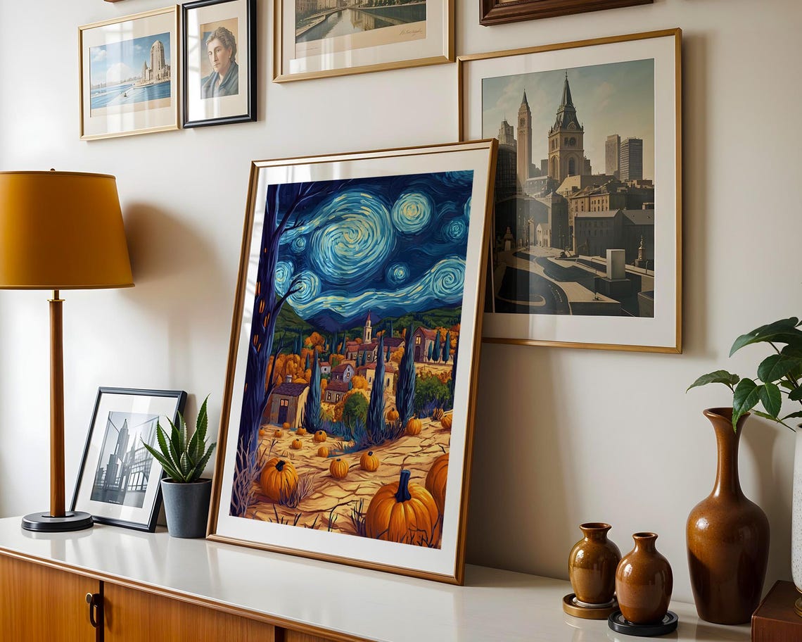 Starry Night Pumpkin Patch Village Fall Cozy Harvest Art Poster - Image 3