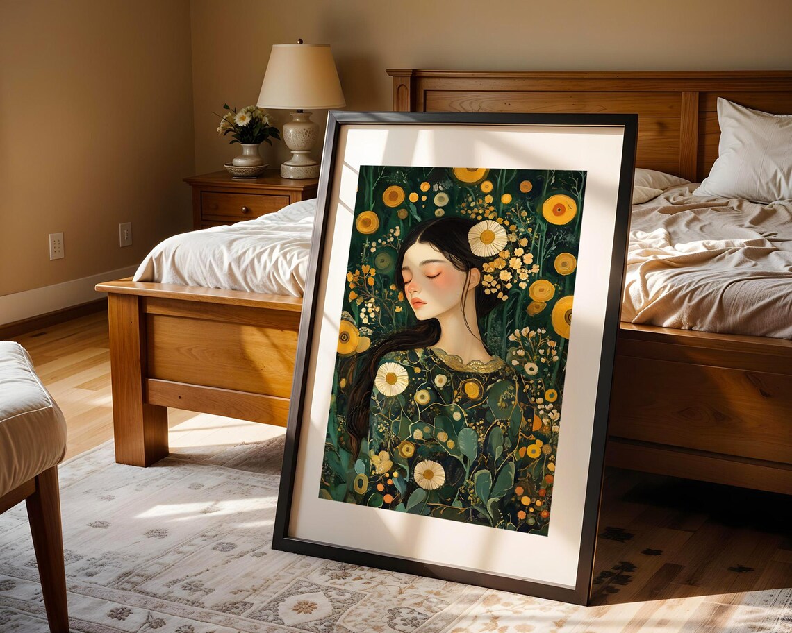 Botanical Woman Daisy Garden Portrait Art Floral Beauty Poster