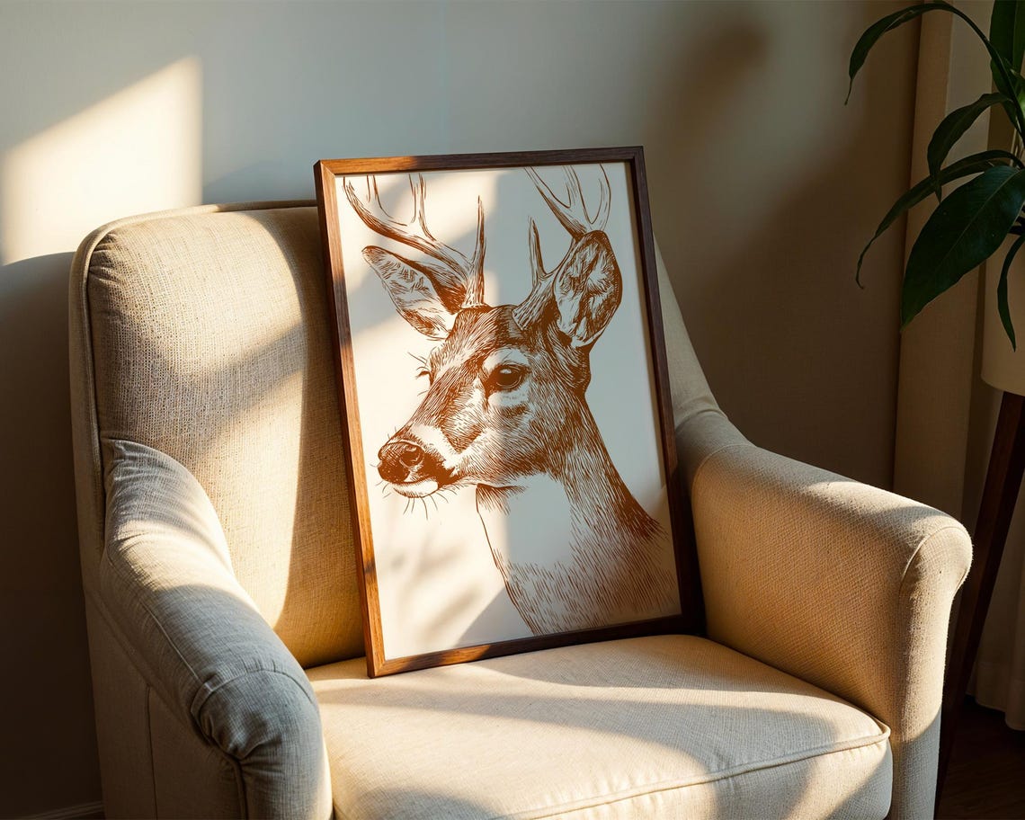 Deer Head Antlers Brown Pencil Sketch Wildlife Drawing Poster - Image 2