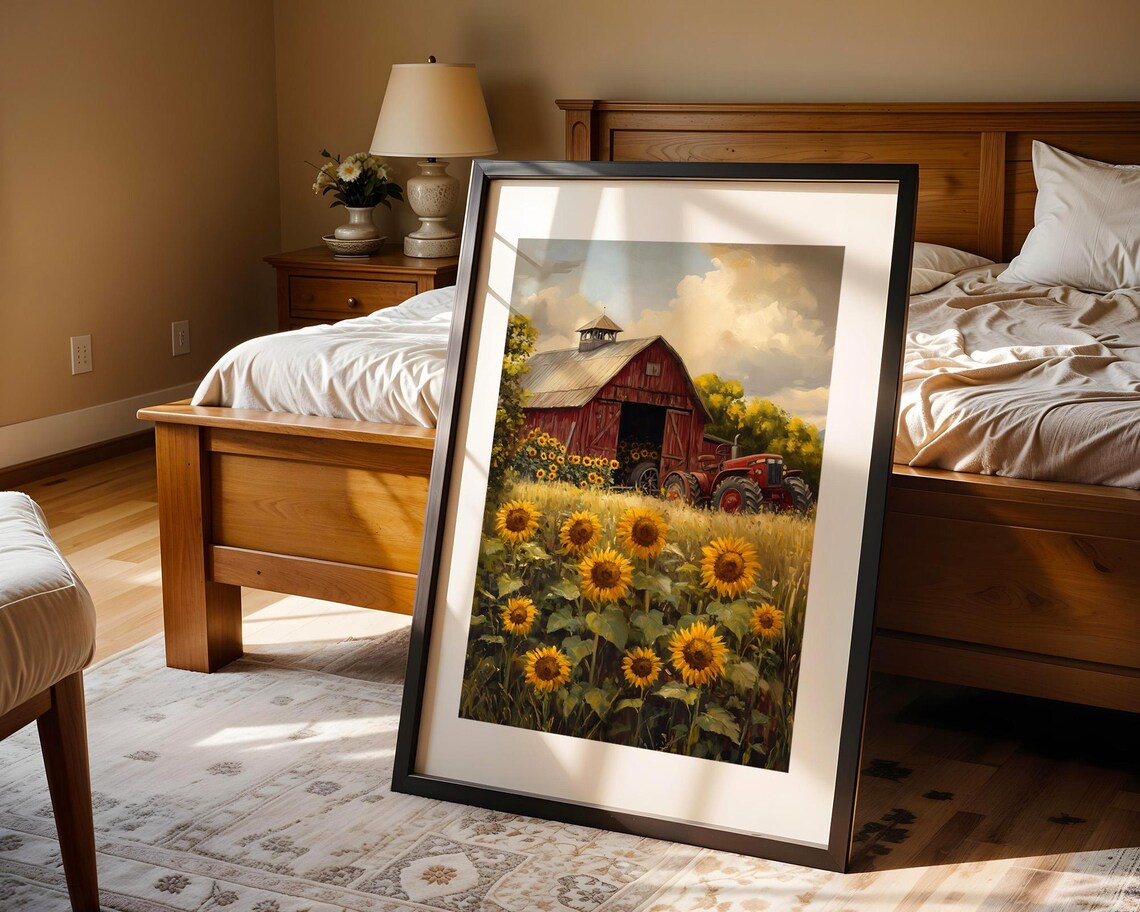 Sunflower Field Red Barn Tractor Farm Landscape Painting Poster - Image 4