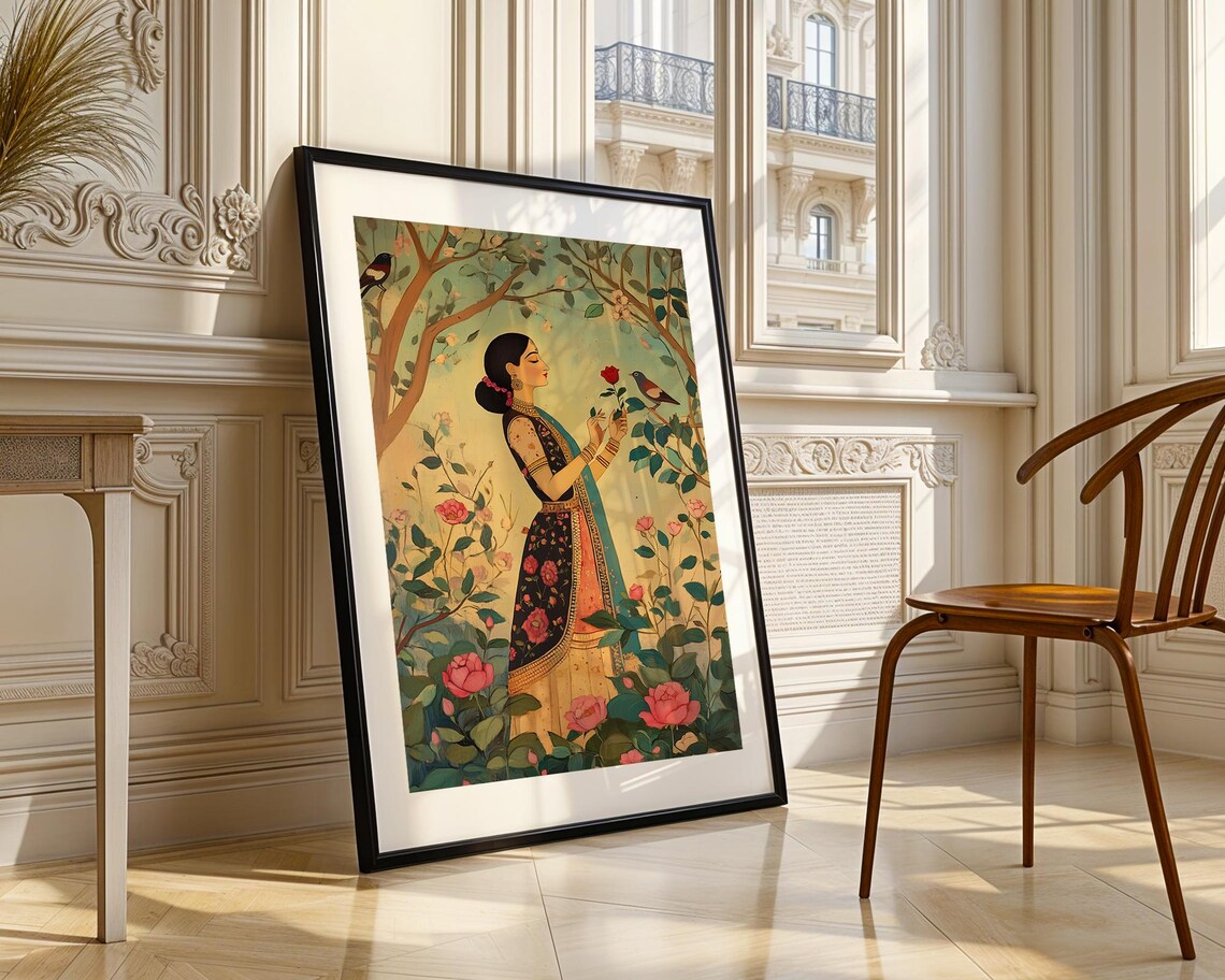 Beautiful Indian Woman Rose Garden Birds Traditional Art Print - Image 3