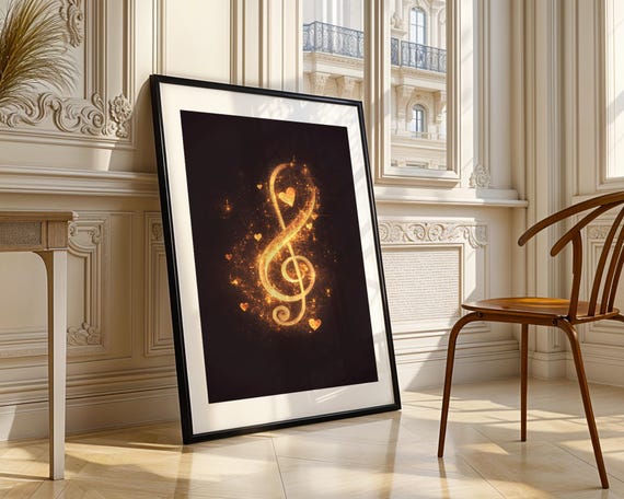 Music Symbol Golden Treble Clef Hearts Wall Art Print Modern Valentines Day Love Home Decor Gift For Her