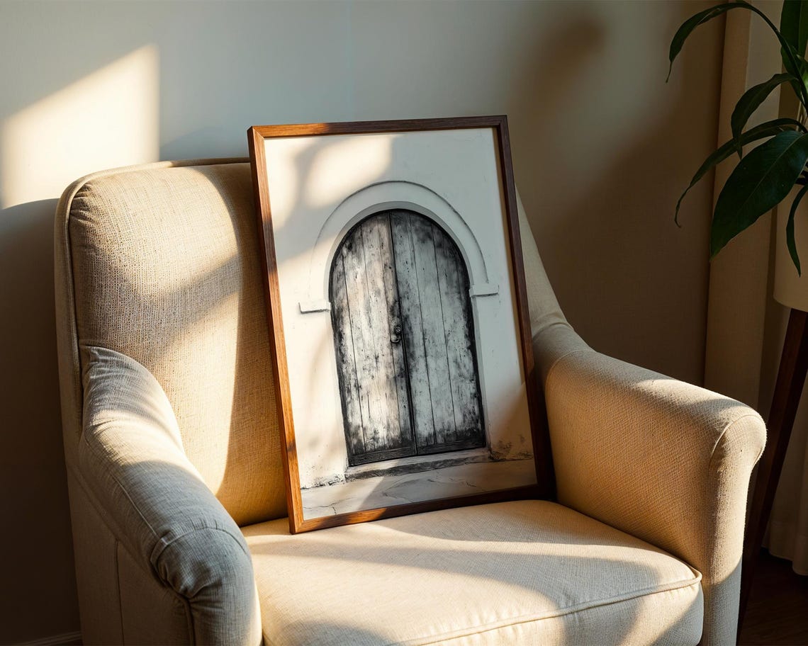Rustic Arched Wooden Door Black White Vintage Entryway Wall Poster - Image 2