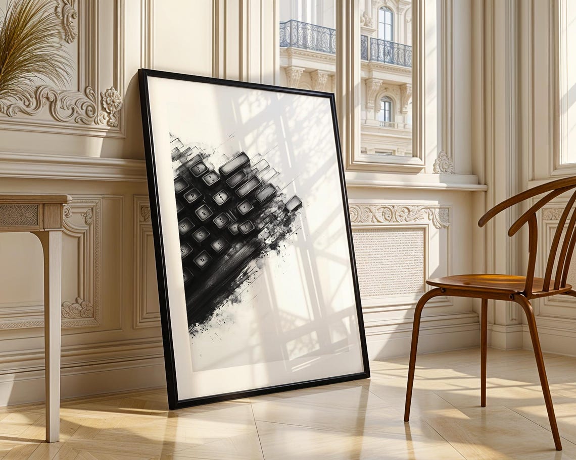 Computer Keyboard Ink Dissolve Black White Abstract Tech Art Poster - Image 4