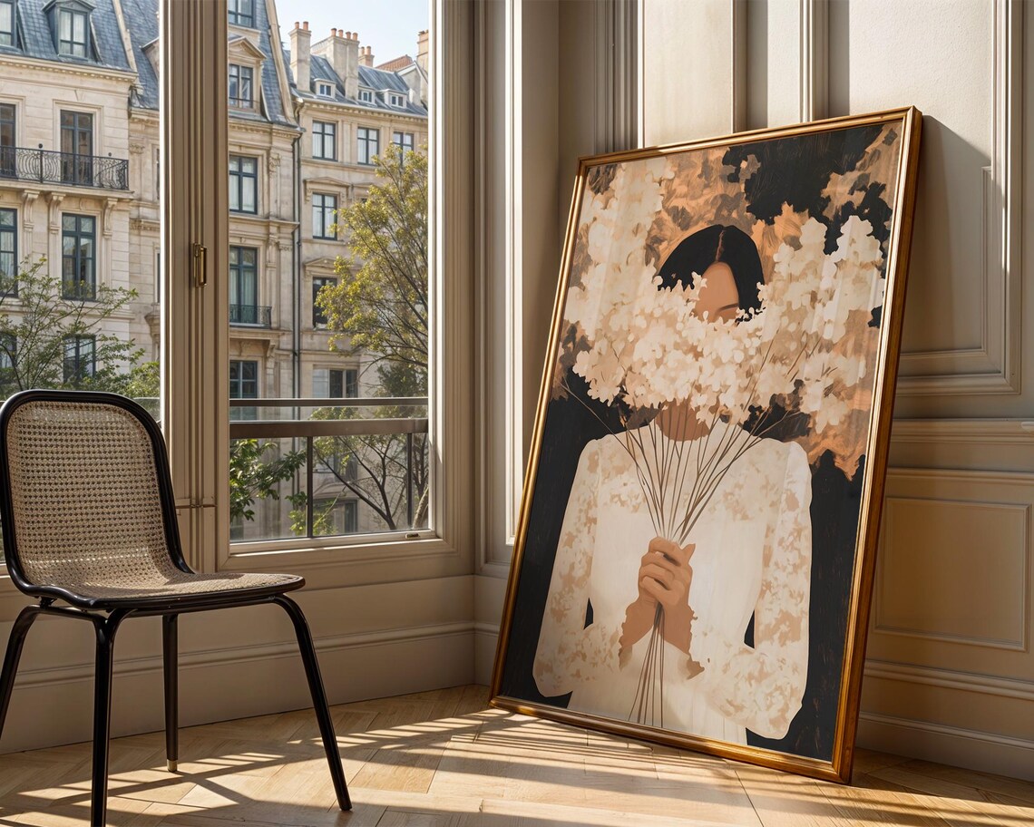 Woman In White Dress Holding Big Bouquet Of White Flowers Poster